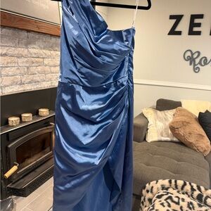 Satin One-Shoulder Ruched Evening prom Dress - Blue